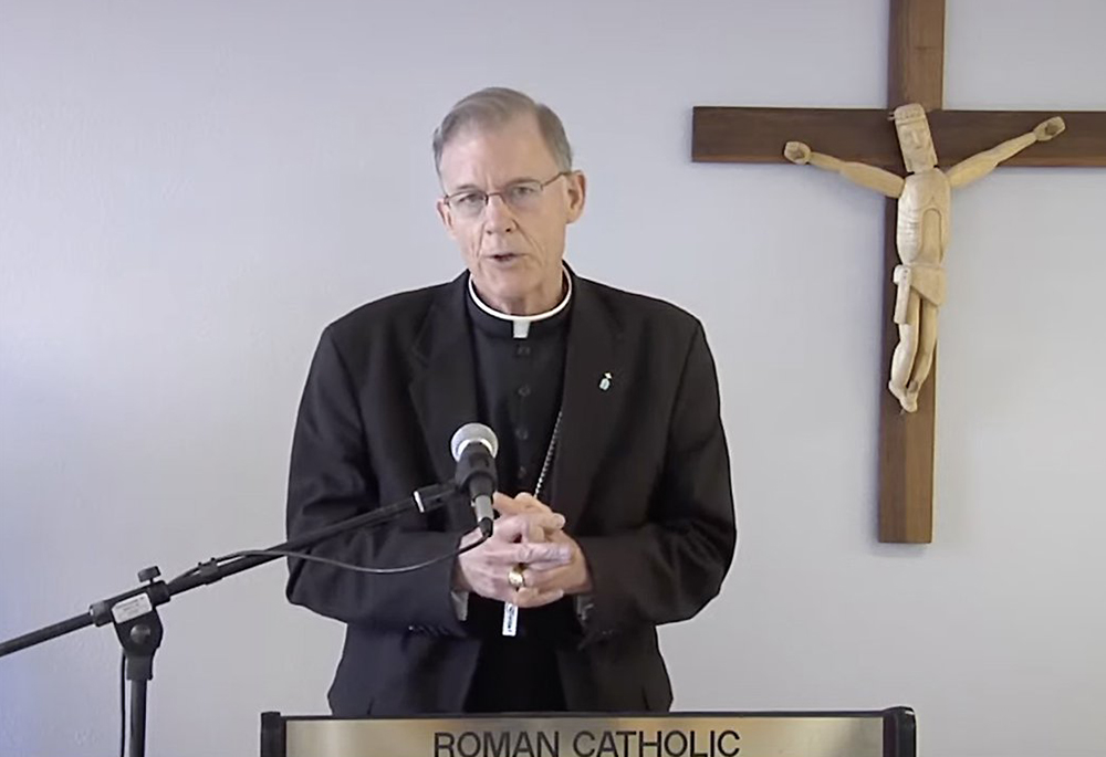 Archbishop John Wester of Santa Fe, New Mexico, is seen during a virtual press conference Jan. 11 to discuss his pastoral letter on the growing need for nuclear arms disarmament. (CNS screengrab/YouTube, Archdiocese of Santa Fe)