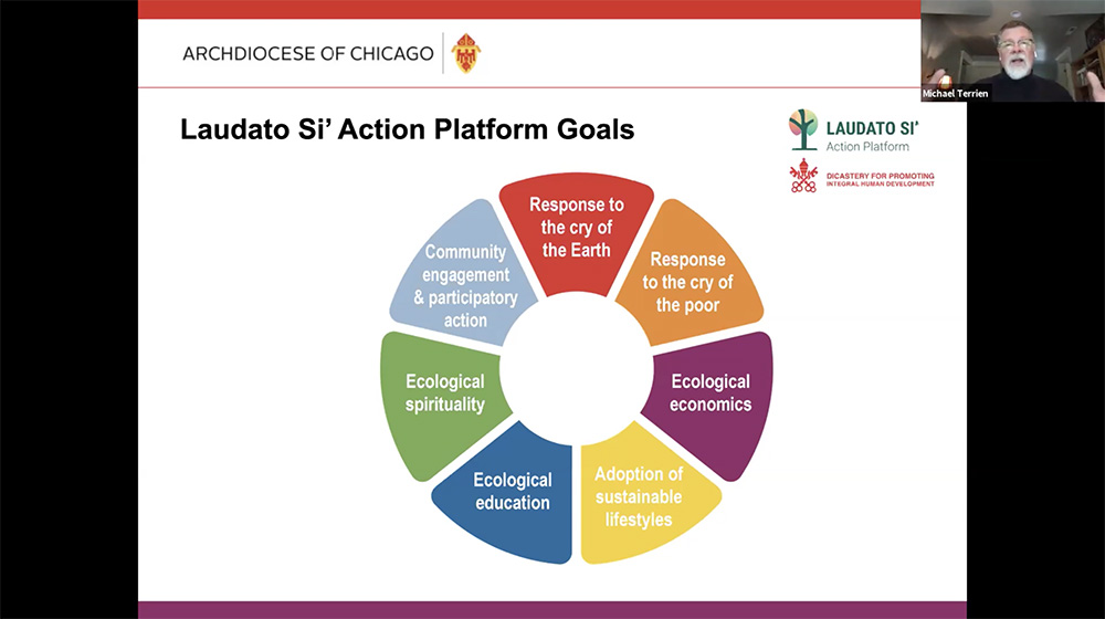 Michael Therrien, director of the Chicago Archdiocese's care for creation ministry, makes a presentation during the Catholic Climate Covenant's Sept. 29 webinar on the Laudato Si’ Action Platform. (EarthBeat screenshot)