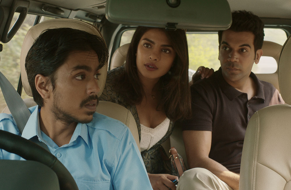 From left: Adarsh Gourav (Balram), Priyanka Chopra Jonas (Pinky) and Rajkummar Rao (Ashok) in "The White Tiger" (Netflix ©2020)