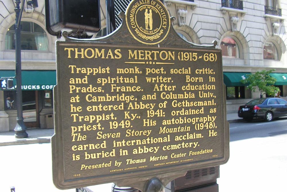 A marker commemorating Thomas Merton in downtown Louisville, Kentucky. Demonstrations took place in Louisville surrounding the police killing of Breonna Taylor March 13. (Wikimedia Commons/W.marsh, CC by SA 3.0)