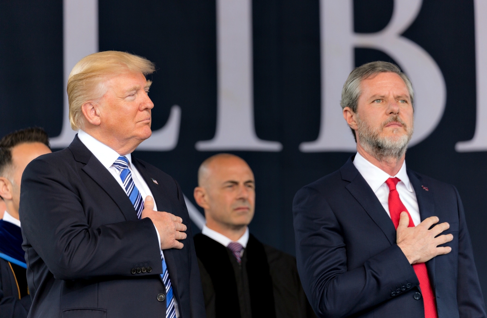 President Donald Trump and Jerry Falwell Jr. are seen at the evangelical Liberty University's 2017 commencement. (Wikimedia Commons/White House/Shealah Craighead)