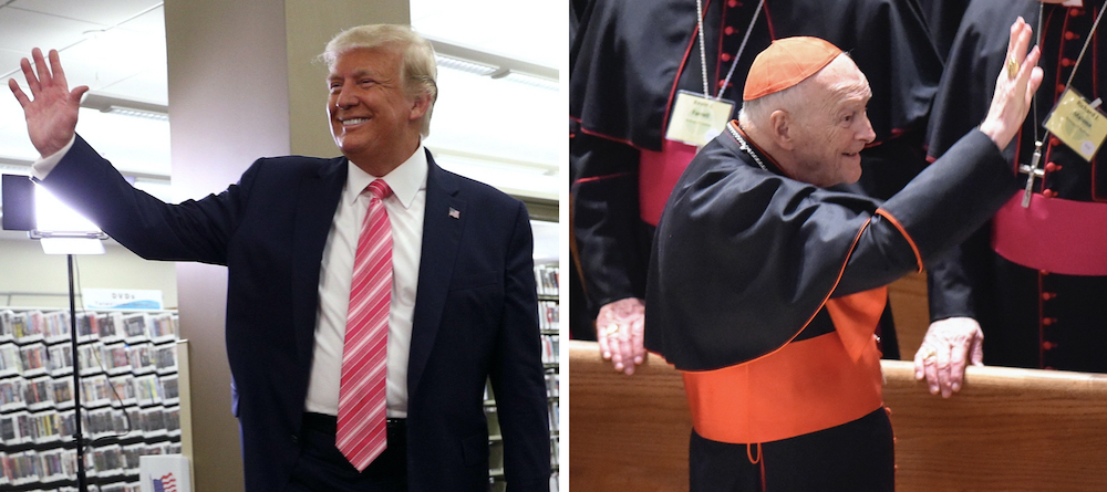 Left: President Donald Trump waves after voting in the 2020 presidential election at the Palm Beach County Library in West Palm Beach, Florida, Oct. 24 (CNS/Reuters/Tom Brenner); Right: Then-Cardinal Theodore McCarrick waves to fellow bishops as he attend Left: President Donald Trump waves after voting in the 2020 presidential election at the Palm Beach County Library in West Palm Beach, Florida, Oct. 24 (CNS/Reuters/Tom Brenner); Right: Then-Cardinal Theodore McCarrick waves to fellow bishops as he attend