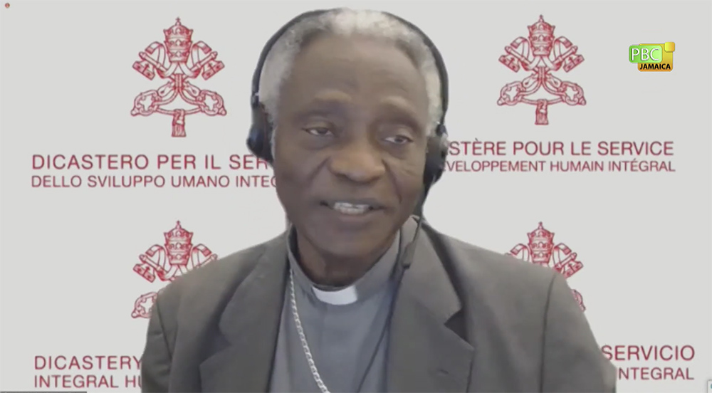 Cardinal Peter Turkson speaks at a May 27 virtual conference sponsored by the Vatican and the United Nations Food and Agriculture Organization. (NCR screenshot)