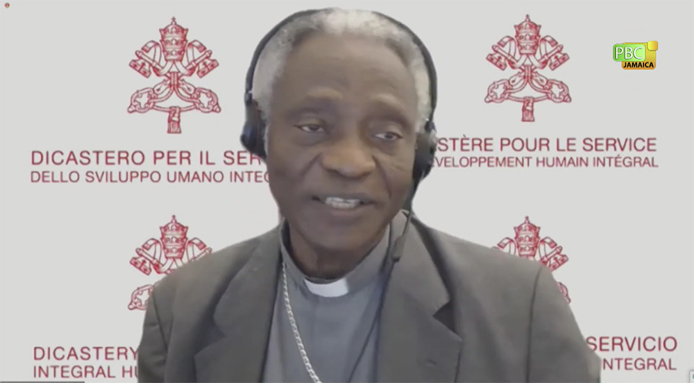 Cardinal Peter Turkson speaks at a May 27 virtual conference sponsored by the Vatican and the United Nations Food and Agriculture Organization. (NCR screenshot) Cardinal Peter Turkson speaks at a May 27 virtual conference sponsored by the Vatican and the United Nations Food and Agriculture Organization. (NCR screenshot)