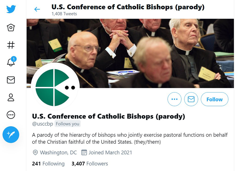 The “U.S. Conference of Catholic Bishops (parody)” account on Twitter (NCR screenshot)