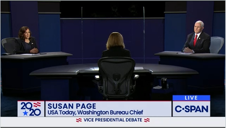 The vice presidential debate between Sen. Kamala Harris and Vice President Mike Pence was moderated by USA Today Washington Bureau Chief Susan Page. (NCR screenshot) The vice presidential debate between Sen. Kamala Harris and Vice President Mike Pence was moderated by USA Today Washington Bureau Chief Susan Page. (NCR screenshot)