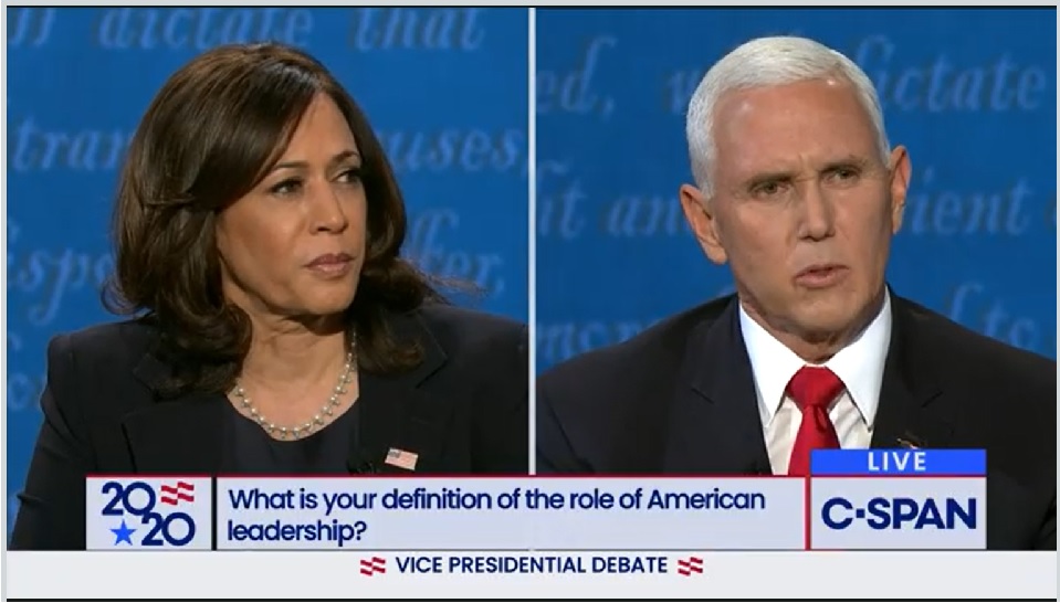 Sen. Kamala Harris and Vice President Mike Pence face off at the Oct. 7 vice presidential debate. (NCR screenshot) Sen. Kamala Harris and Vice President Mike Pence face off at the Oct. 7 vice presidential debate. (NCR screenshot)