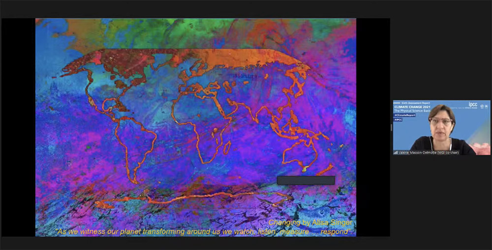 French climate scientist Valérie Masson-Delmotte shows art used for the cover of the new United Nations Intergovernmental Panel on Climate Change during an Aug. 9 virtual press conference. (NCR screenshot)