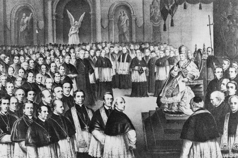 In a 19th-century illustration, Pope Pius IX convenes the First Vatican Council on Dec. 8, 1869, in St. Peter's Basilica. (RNS)