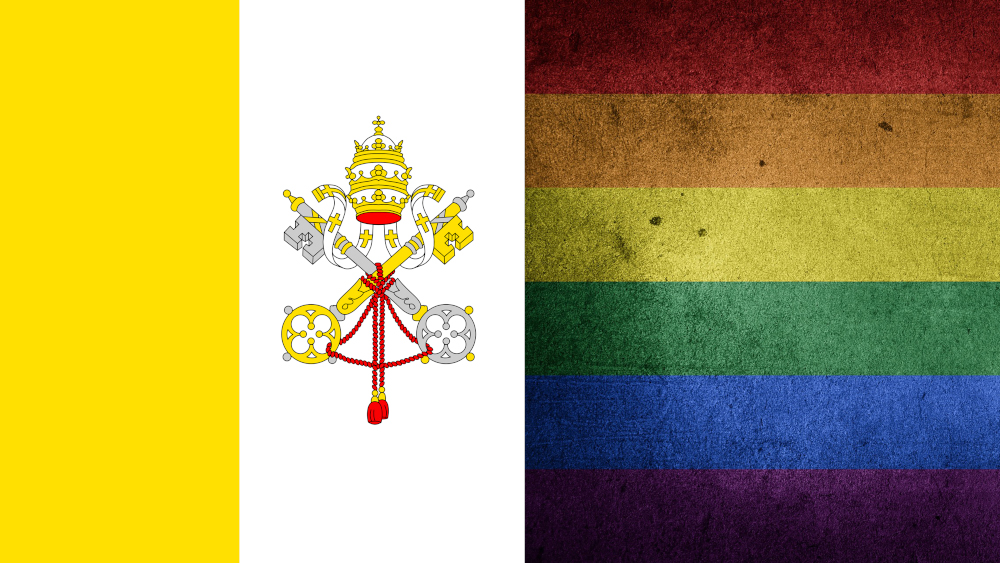 The Vatican City flag, left, and a pride flag. (Images courtesy of Creative Commons)