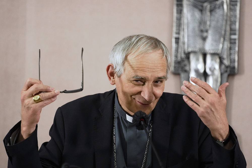 Cardinal Matteo Zuppi, the new head of the Italian bishops' conference, talks during a press conference in Rome May 27. (AP/Alessandra Tarantino)