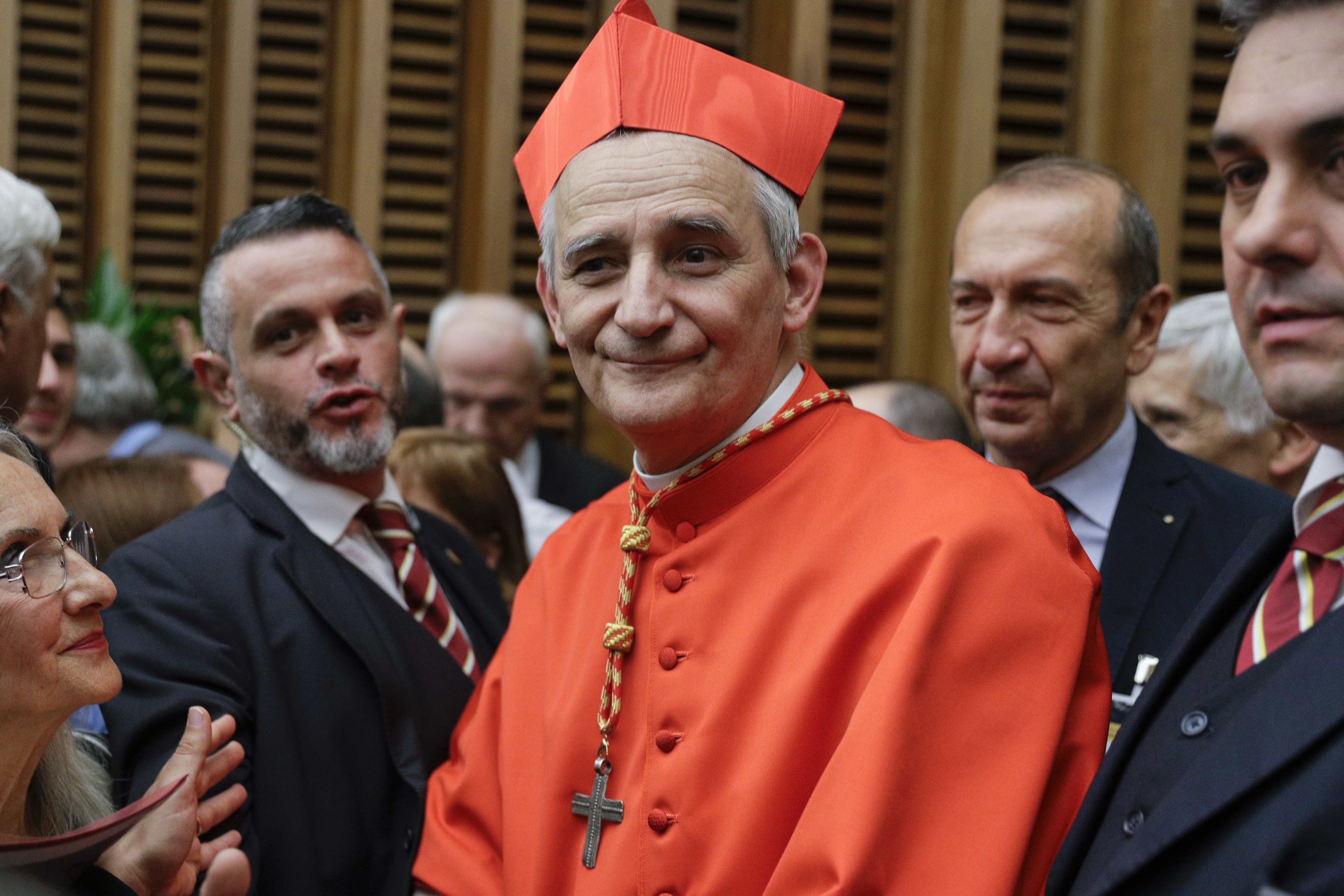 Cardinal Matteo Zuppi poses for photographers at the Vatican, Saturday, Oct. 5, 2019. (AP Photo/Andrew Medichini, File)