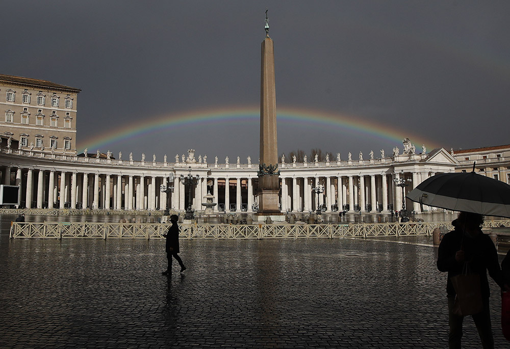A rainbow shines over St.Peter's Square Jan. 31, 2021, at the Vatican. (AP photo/Alessandra Tarantino, File)