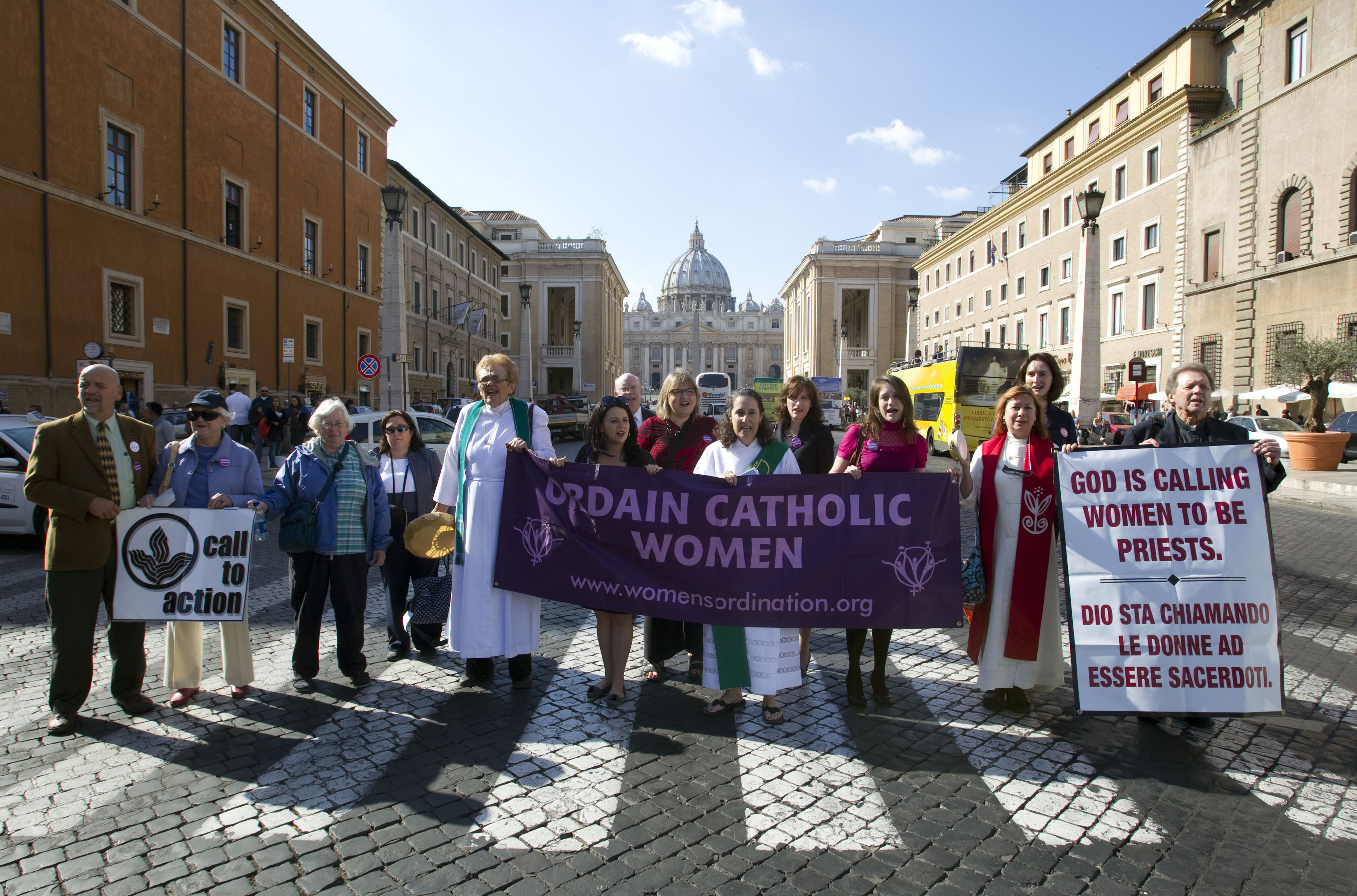 Members of the Women's Ordination Conference group stage a protest in front of St. Peter's Basilica, in Rome, on Oct. 17, 2011. (AP Photo/Andrew Medichini, File)