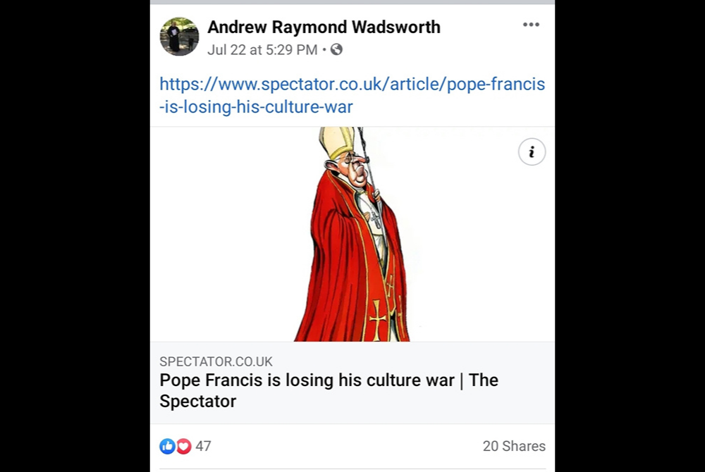 Wadsworth Spectator screenshot A posting on Msgr. Andrew Wadsworth's Facebook page sharing a critical Spectator essay that features a political cartoon version of a haughty-looking Pope Francis. (NCR screenshot)