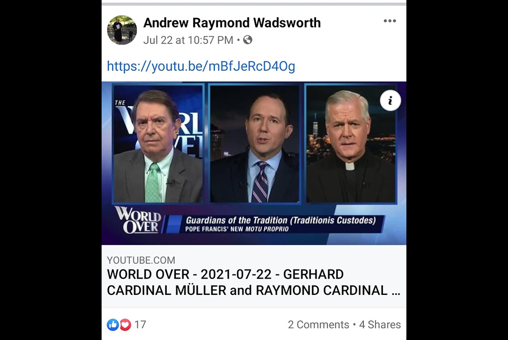 A posting on Msgr. Andrew Wadsworth's Facebook page sharing an episode of EWTN's "The World Over" featuring Cardinals Raymond Burke and Gerhard Müller (NCR screenshot)