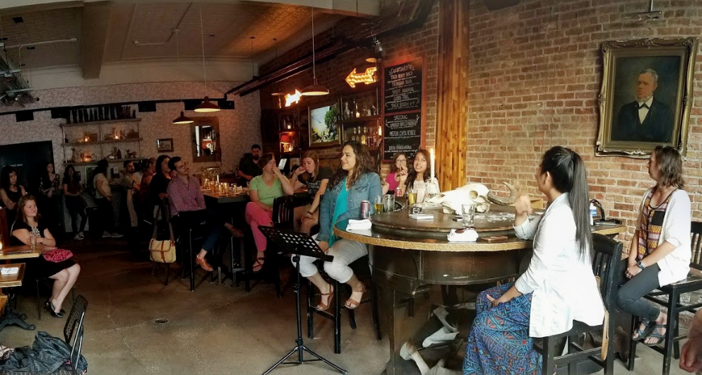 Four panelists speak at a Theology on Tap presentation on women in the church hosted by St. Procopius Parish in Pilsen, Chicago in summer 2017. (Mark Piper)