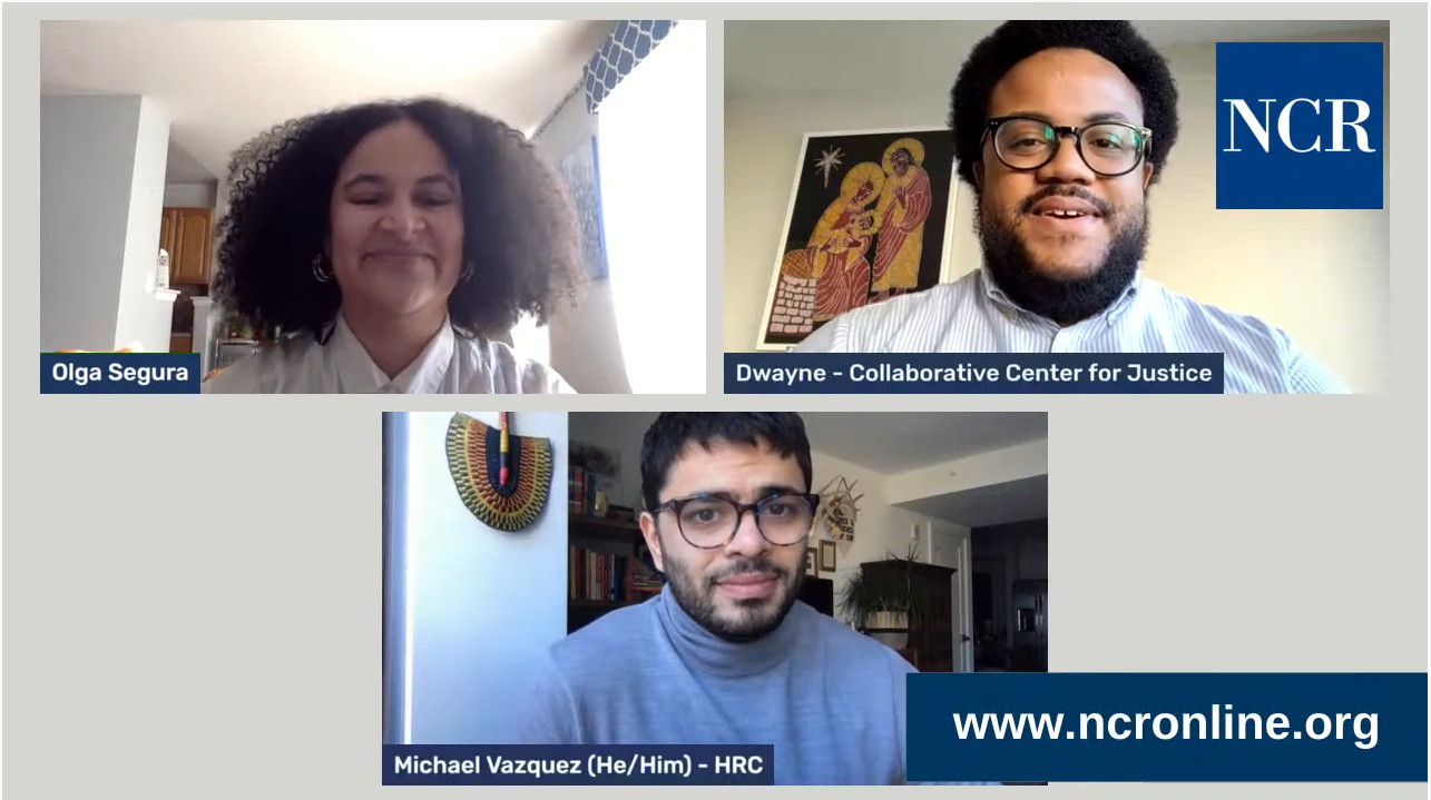 Clockwise from upper left: NCR opinion editor Olga Segura, Dwayne David Paul of the Collaborative Center for Justice and Michael Vazquez of the Human Rights Campaign participate in a livestream event on Jan. 28. (NCR screenshot/YouTube)