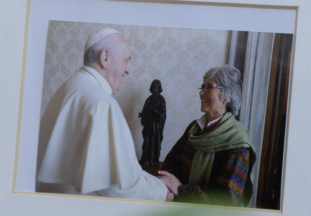 Prominently placed on María Lía Zervino's desk is a picture of her meeting with Pope Francis in January 2020. (Justin McLellan)