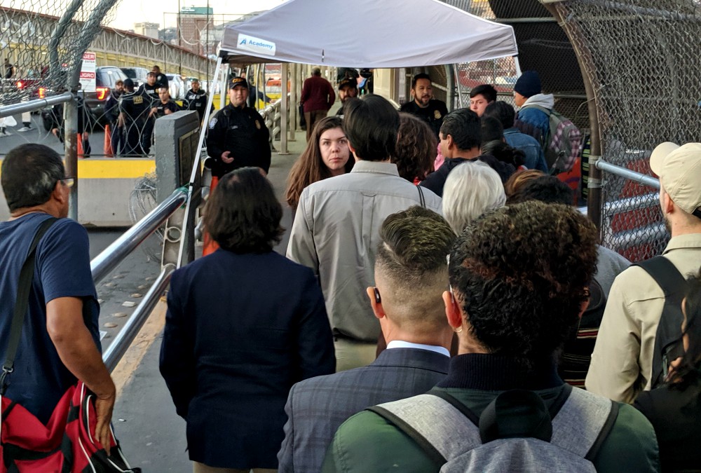 Catholic leaders and activists encounter Border Patrol officers at the Lerdo International Bridge, El Paso, Texas, Oct. 12, 2019. (Courtesy of Eli McCarthy)