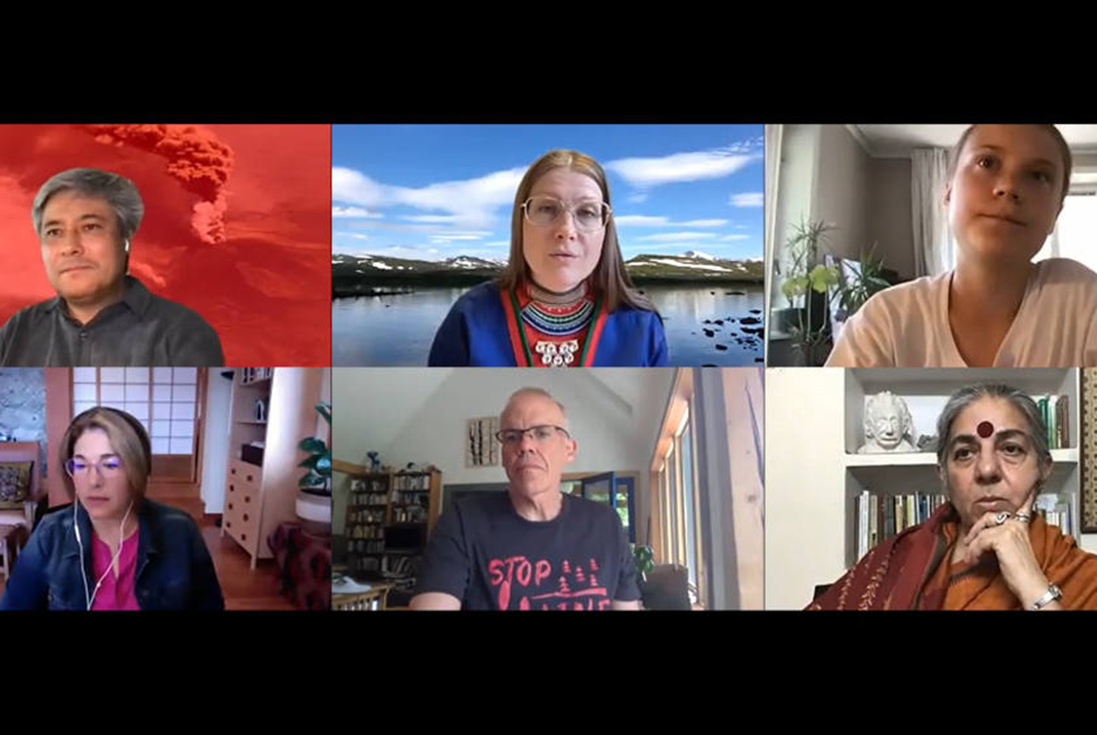 Niclas Hällström, executive Director of What Next?, top left, moderates the voices from movements panel, during a June 9 webinar, which included Åsa Larsson Blind, president of the Saami Council; Greta Thunberg; Naomi Klein; Bill McKibben; and Vandana Shi