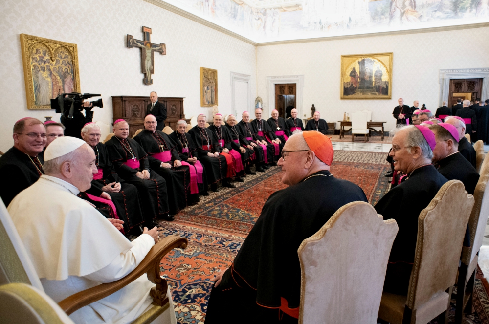 Pope Francis leads a meeting with bishops from the state of New York at the Vatican Nov. 15, 2019. The bishops were making their ad limina visits to report on the status of their dioceses to the pope and Vatican officials. (CNS/Vatican Media)