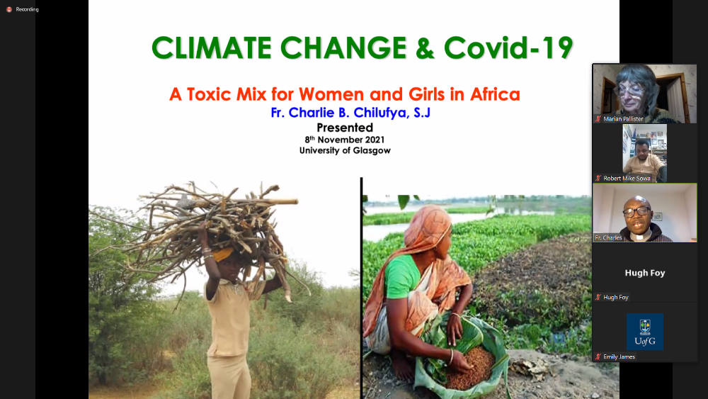 During a Nov. 8 webinar, Jesuit Fr. Charles Chilufya speaks on the special challenges that women and girls in Africa face from both climate change and the COVID-19 pandemic. (NCR screenshot)
