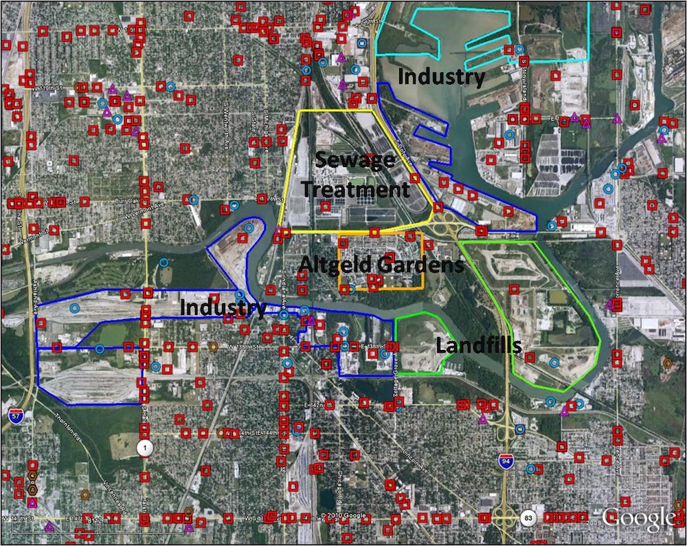 Altgeld Gardens, on the southeast end of Chicago, opened in 1945 as a public housing project for African American veterans returning from World War II and factory workers. It is ringed by industrial and landfill sites. (People for Community Recovery/Googl