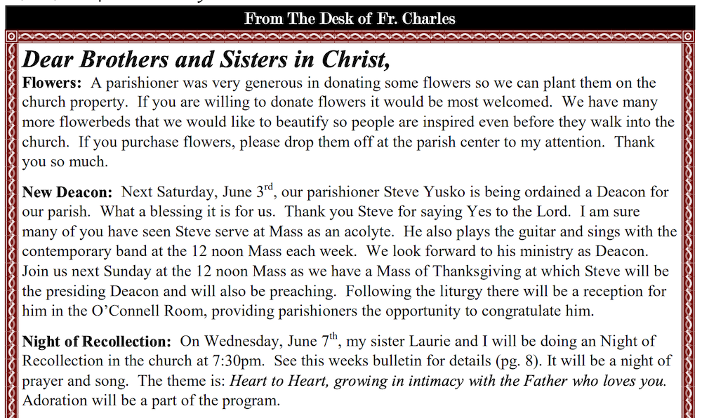 Clip from bulletin of St. Joseph Roman Catholic Church, week of May 28, 2017, page 2, showing Fr. Charles Mangano's "from the desk of" feature that includes an announcement of the June 3 ordination of Stephen Yusko as a deacon. (NCR screenshot)