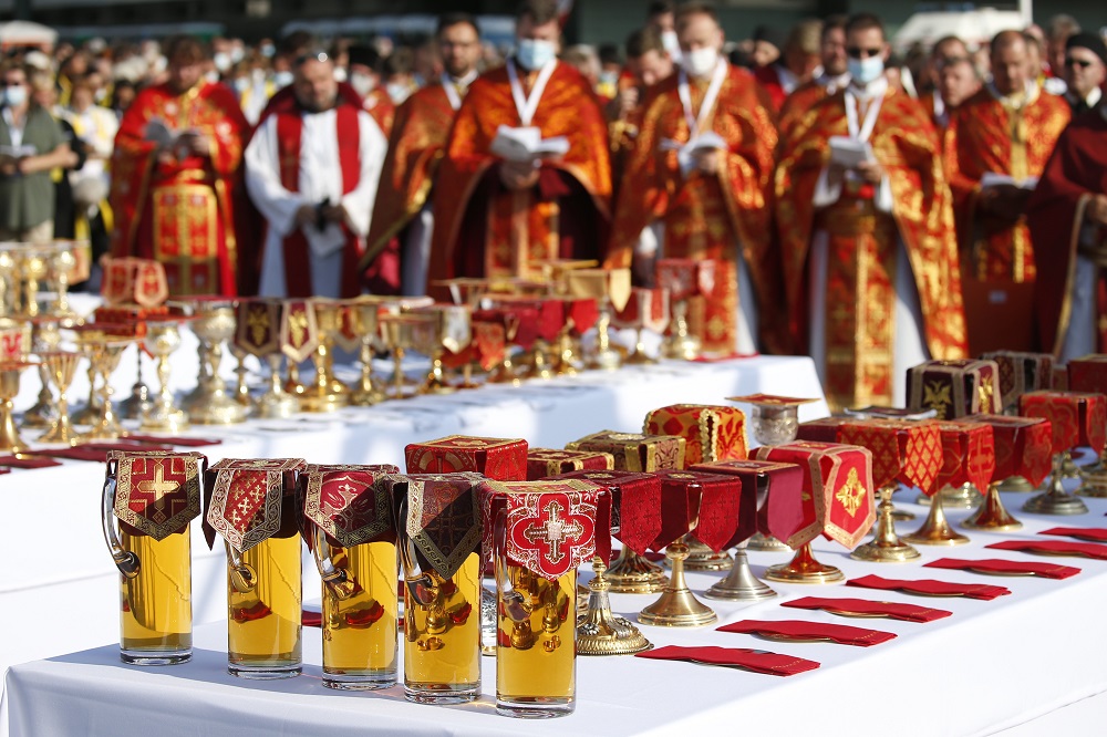 Chalices are pictured before Pope Francis' celebration of a Byzantine Divine Liturgy of St. John Chrysostom at Mestská športová hala Square in Prešov, Slovakia, Sept. 14, 2021.