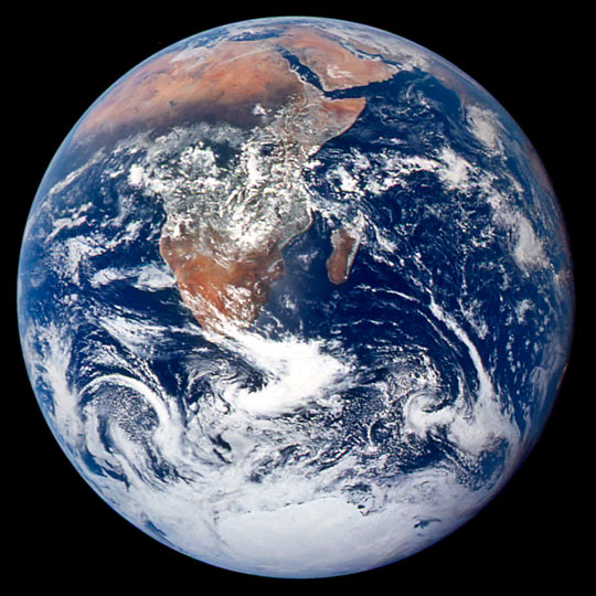 View of the Earth as seen by the Apollo 17 crew traveling toward the moon on Dec. 7, 1972 (NASA photo) View of the Earth as seen by the Apollo 17 crew traveling toward the moon on Dec. 7, 1972 (NASA photo)