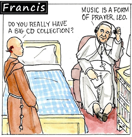 Francis, the comic strip: Francis introduces Brother Leo to his vast music collection.