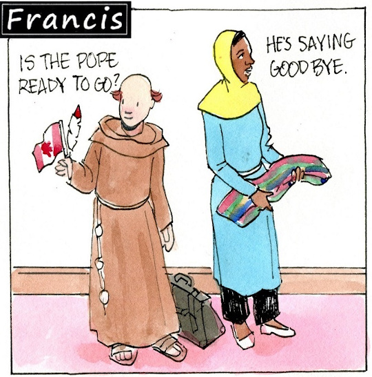 Francis, the comic strip: Brother Leo and Gabby help Francis prepare for this trip to Canada.