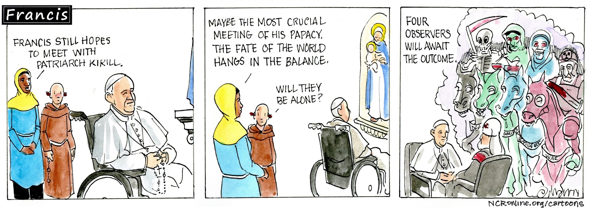 Francis, the comic strip: Francis still hopes to meet with Patriarch Kirill — maybe the most crucial meeting of his papacy!