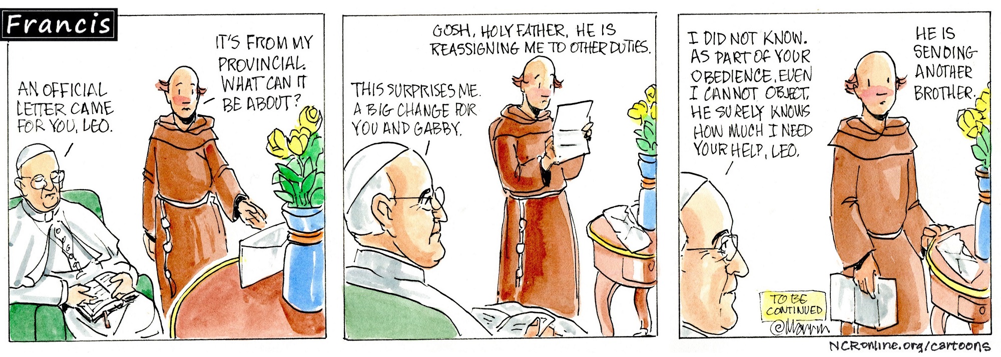 Francis, the comic strip: A letter for Brother Leo foretells a surprise to come.