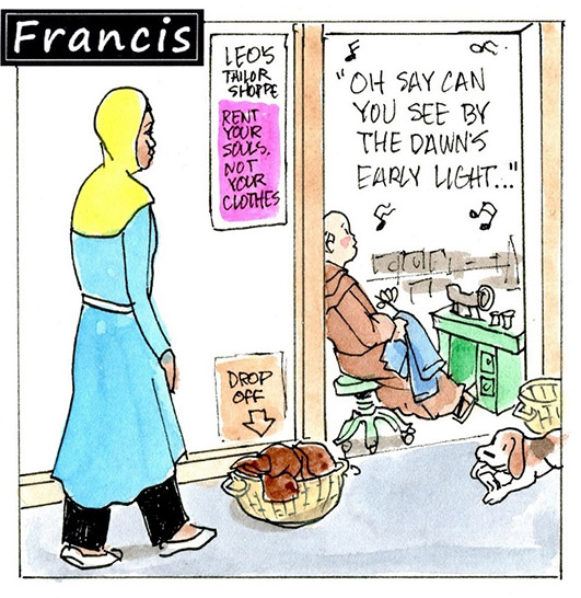 Francis, the comic strip: Brother Leo sings in honor of Betsy Ross.