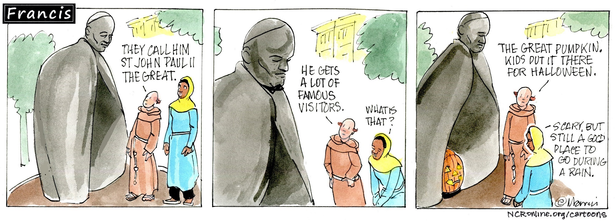 Francis, the comic strip: Brother Leo and Gabby visit the statue of St. John Paul II.