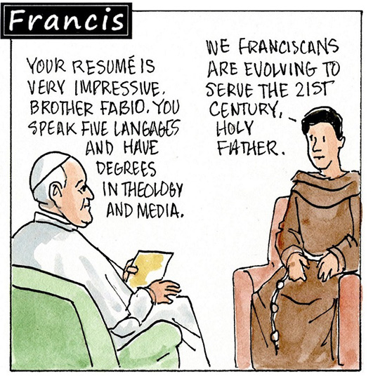 Francis, the comic strip: Francis sits down with Brother Fabio.