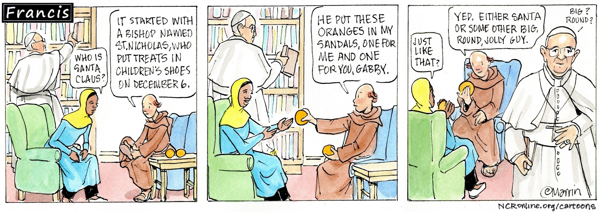 Francis, the comic strip: Brother Leo tells Gabby about St. Nicholas and the origin of Santa Claus.
