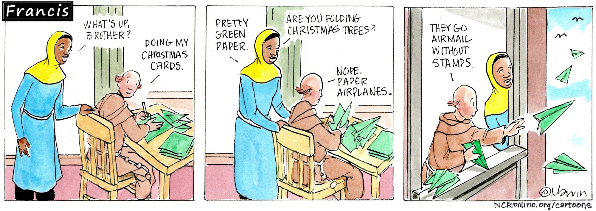 Francis, the comic strip: Brother Leo has an unusual way of sending his Christmas cards.