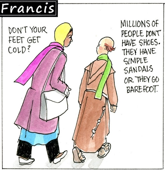 Francis, the comic strip: Brother Leo shares with Gabby his philosophy on shoes. 