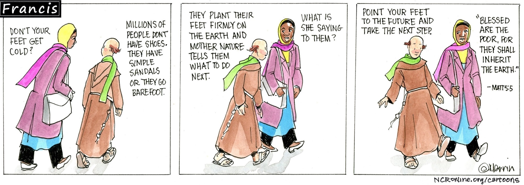 Francis, the comic strip: Brother Leo shares with Gabby his philosophy on shoes. 