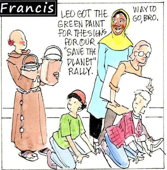 Francis, the comic strip: Gabby and Brother Leo get ready for a special rally.