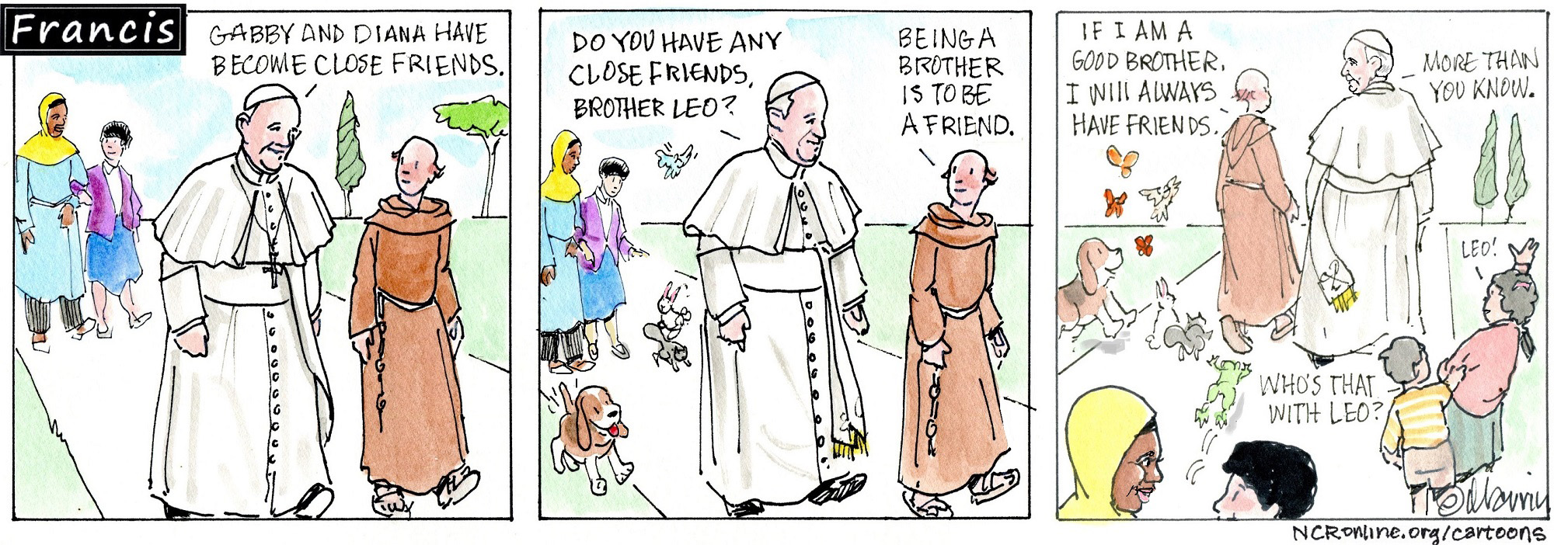 Francis, the comic strip: What does it mean to be a friend? Brother Leo has his answer.