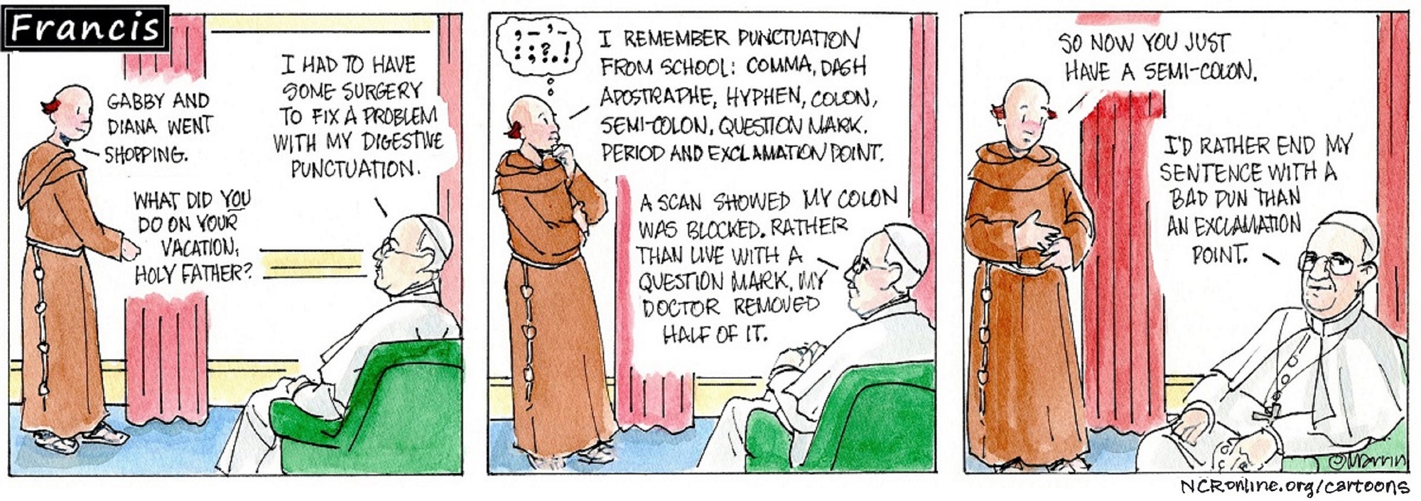 Francis, the comic strip: Brother Leo questions Francis about his recent surgery