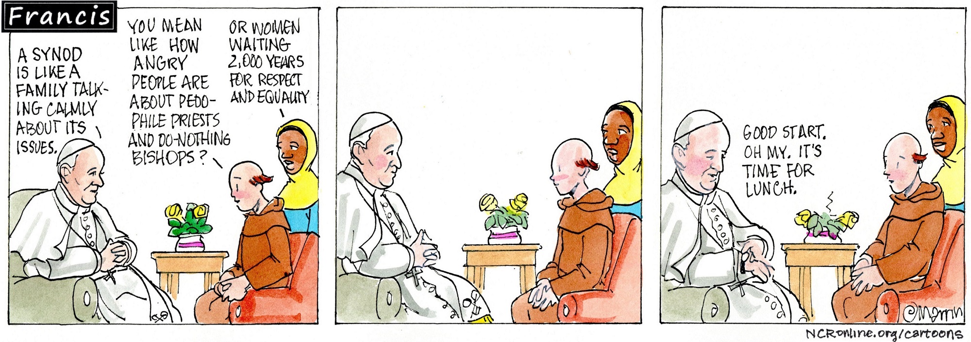 Francis, the comic strip: Francis, Gabby and Brother Leo discuss what a synod means for the church.