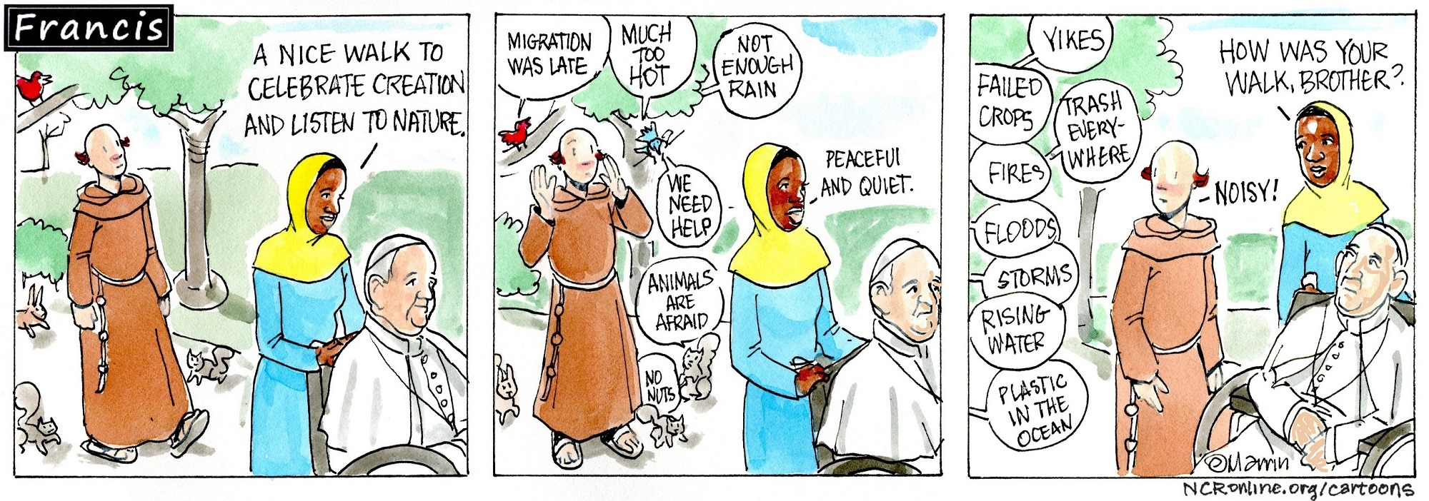 Francis, the comic strip: With a nice walk, you can listen to nature. What do you hear?