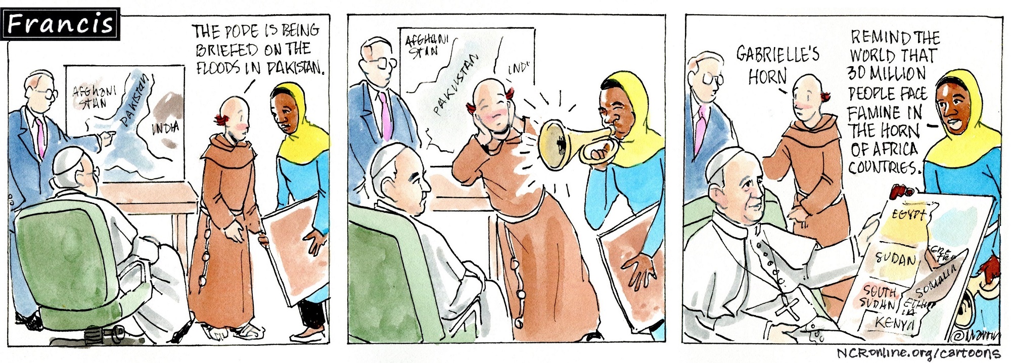 Francis, the comic strip: Francis gets briefed on the floods in Pakistan.