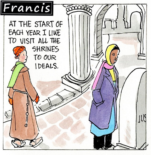 Francis, the comic strip: Leo starts 2022 by visiting the shrines to our ideals.