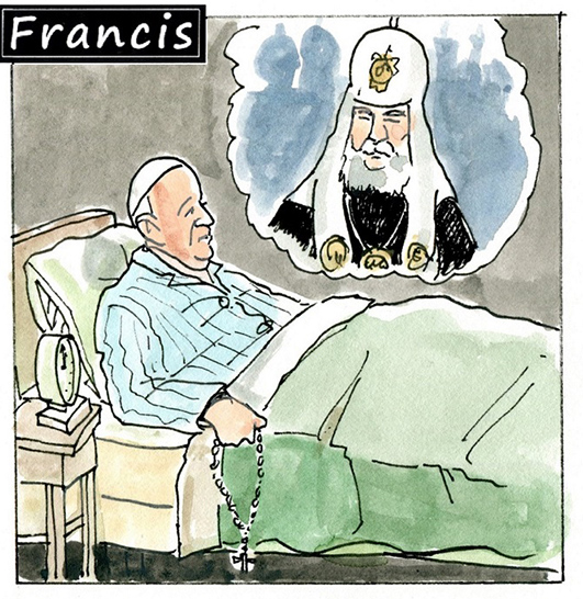 Francis, the comic strip: Francis has the Patriarch Kirill dream again.